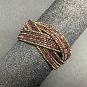 Braided Seed Bead Wrap Bracelet 2.5 In Flexible Silver Purple Boho Cuff Exotic